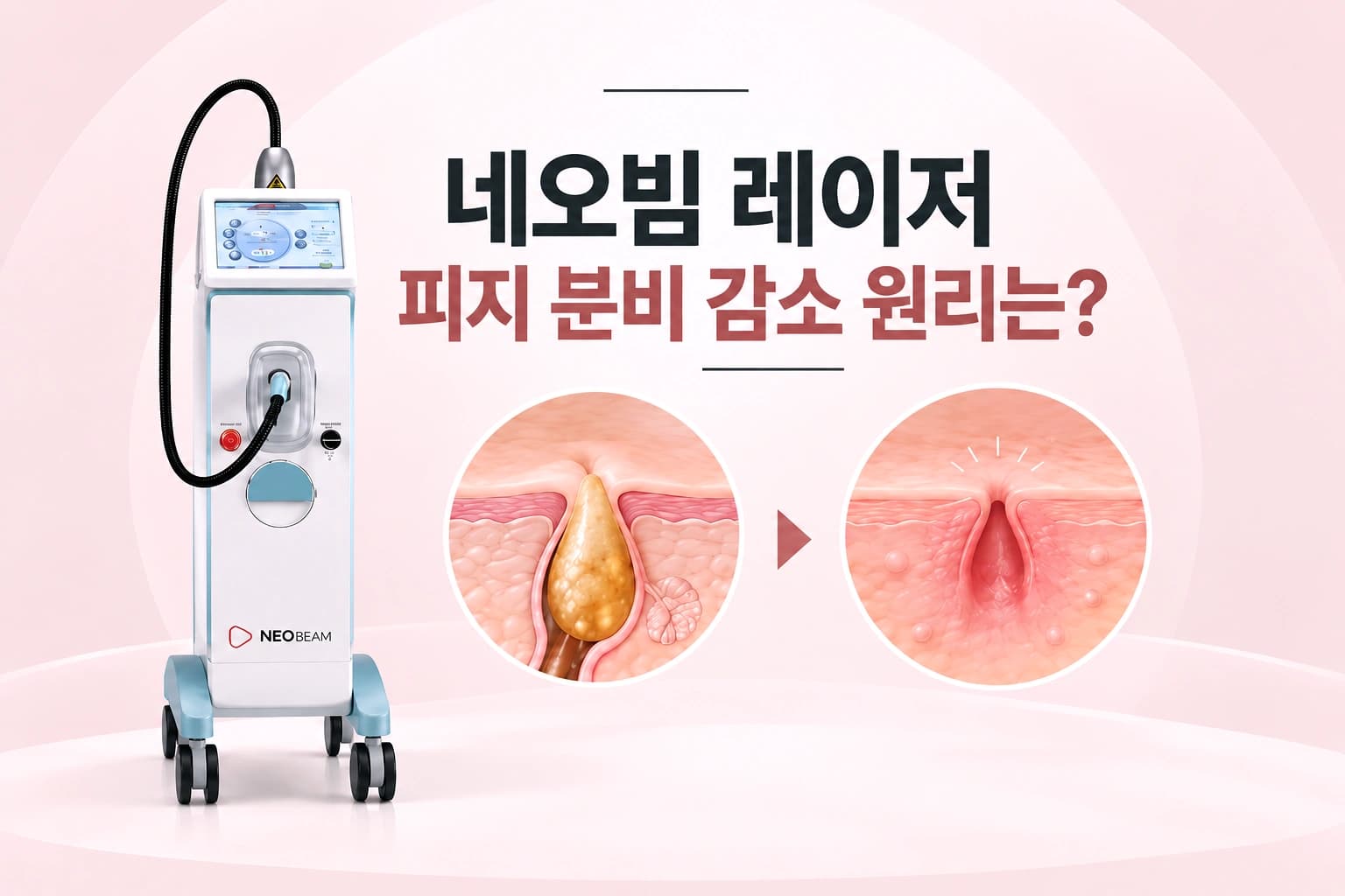 피지 분비와 여드름에 적용하는 네오빔 레이저 원리를 안내하는 컨텐츠